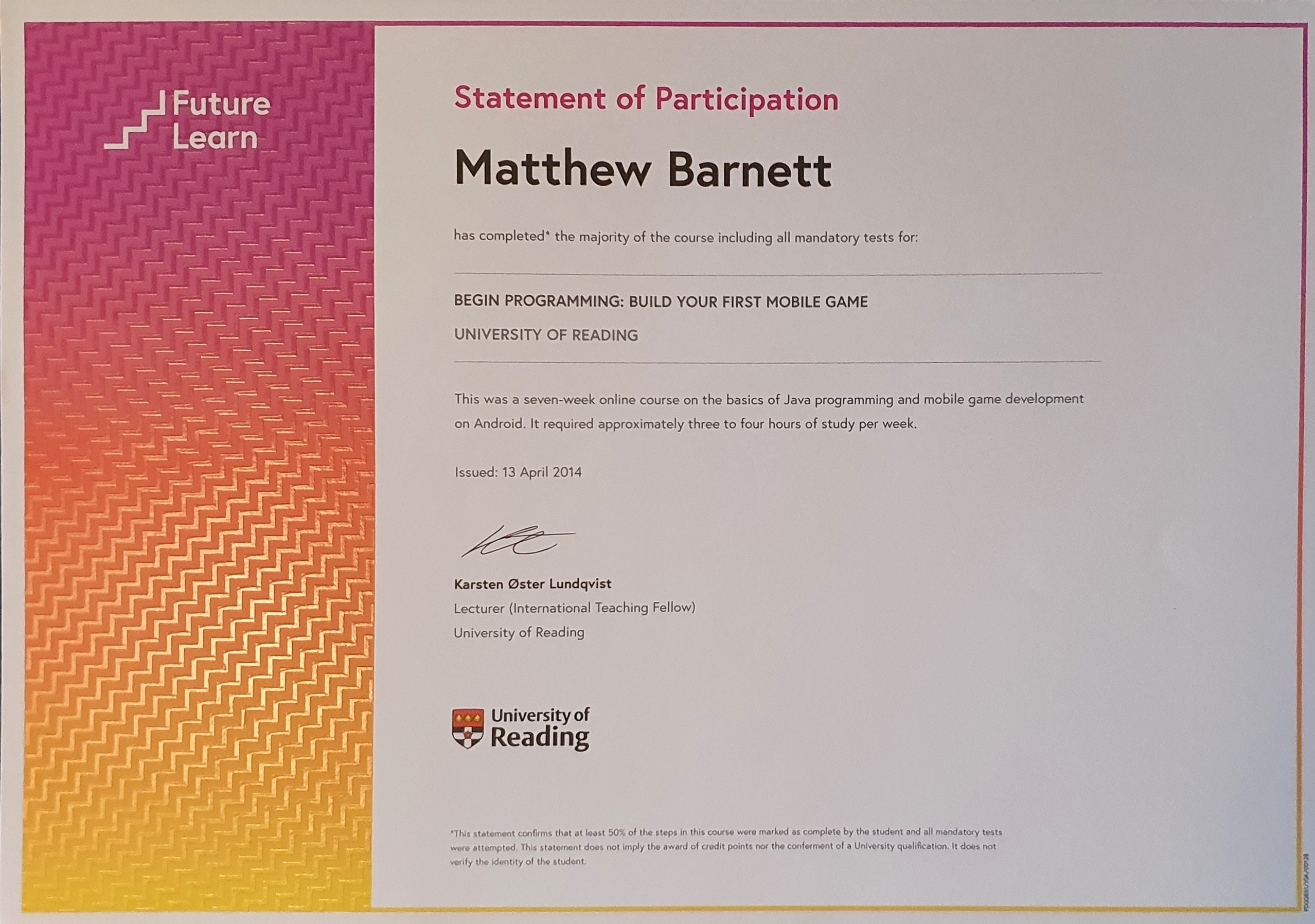Reading Course Certificate